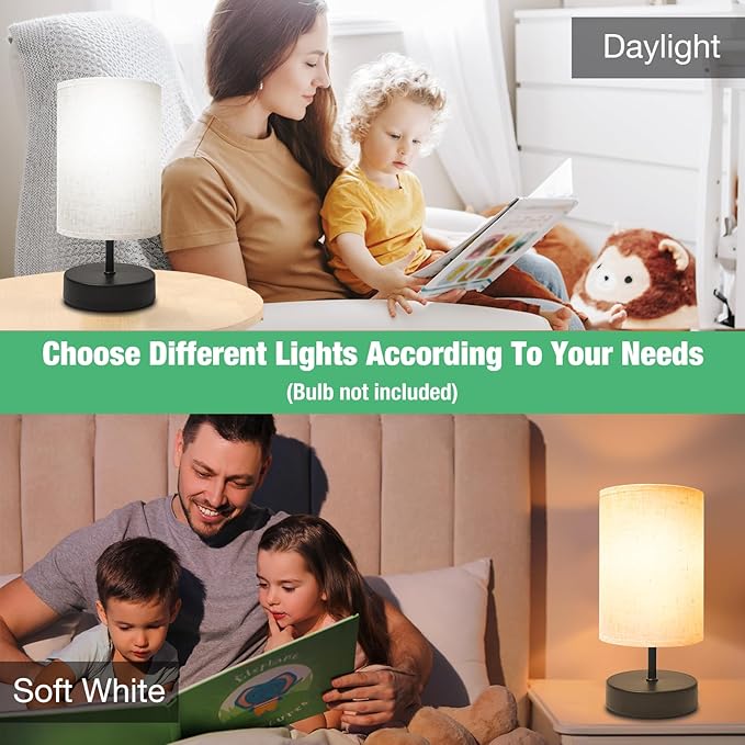 Small Table Lamp, Minimalist with Flaxen Shade, 9 Inch Design for Bedroom & Dorm Room, 2 Pack