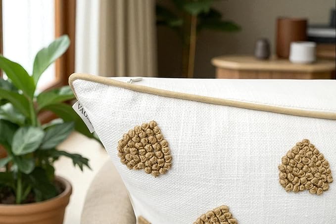 VAGMINE Hand Embroidered French Knotted Hearts Pillow Cover - 18x18 Inches Square - 100% Cotton Off-White Decorative Cushion Cover - Romantic Gift for Couples - Valentine’s Bedroom Décor