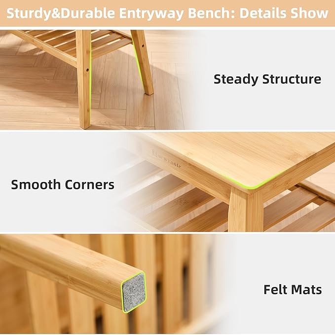 Nnewvante 33.46" Bamboo Entryway Bench, 2 Tier Indoor Storage Bench, Wood Bench for Living Room, Dining Room, Bedroom, Hallway, Holds up to 300lbs