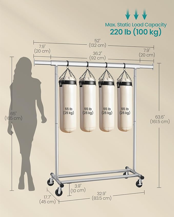 SONGMICS Clothes Rack with Wheels, Heavy-Duty Clothing Rack for Hanging Clothes, Portable, 17.7 x (36.2-52) x 63.6 Inches, with Extendable Rail, 220 lb Load Capacity, Silver UHSR13SV1