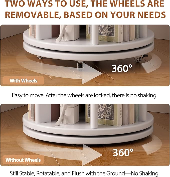 Solid Wood Rotating Bookshelf on Wheels, 6 Tier, Round Revolving Bookcase, 360° Spinning Book Shelf Tower for Kids, Narrow Rolling Bookshelves for Small Space, Corner, Bedroom, Office, White