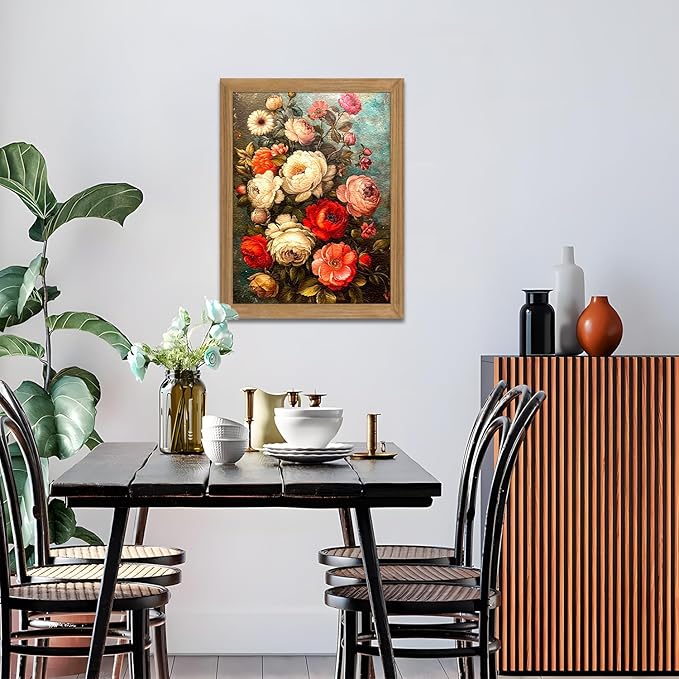 AKWISH Framed Vintage Floral Wall Art - 3D Textured Antique Colorful Flowers Oil - Hand Drawn Painting Classical Botanical Art Wall Decor for Living Room Bedroom Office Decor 12x16in