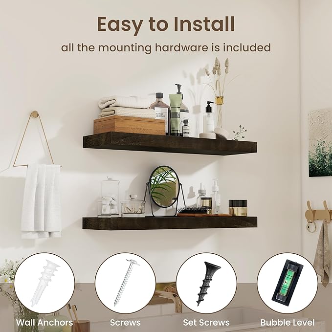 fuqing 30 Inch Floating Shelves for Wall - 9.3 Inch Deep Natural Wood Shelves Set of 2-30W x 9.3D x 1.6H Wall Mounted Shelves with Upgraded Metal Brackets for Room Wall