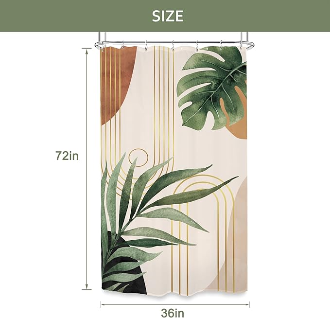 Glawry Small Stall Narrow Shower Curtain 36Wx72L Inches Tropical Bohemian Leaves Mid Century Abstract Boho Botanical Bathroom Curtains Set Plant Palm Leaf Green Minimalist Bath Home Decor Fabric