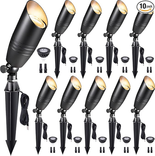 Low Voltage Spotlight LED - 12V Black Outdoor Light Fixture Weather Proof, Brass Landscape Lights Hardwired, Coastal for Flag Sign with Neutral White MR16 Removable Bulbs (10 Pack)