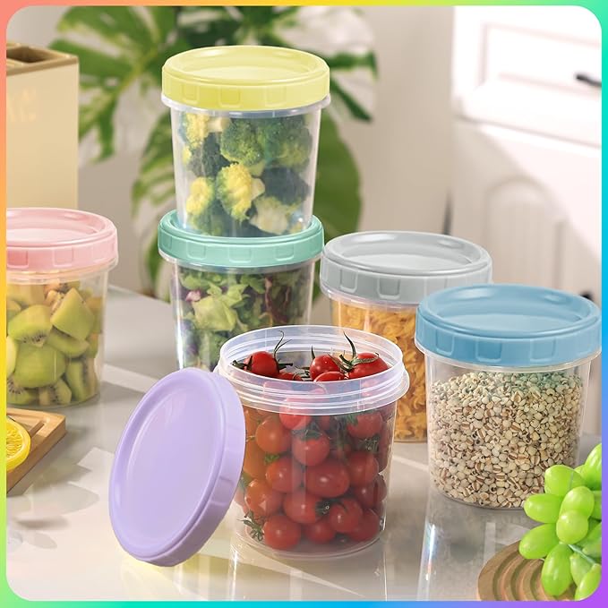 6pcs 32 oz Plastic Containers with Screw Top Lids, Reusable Clear Food Storage Containers with Pen and Brush, Leakproof Freezer Soup Containers, Microwave & Dishwasher Safe