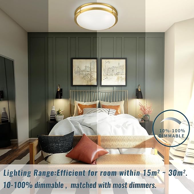 18 inch Ceiling Light Fixture Flush Mount Gold, 36W Large Living Room Ceiling Light LED, Dimmable Kitchen Lighting Fixture for Bedroom, Bathroom, Living Room