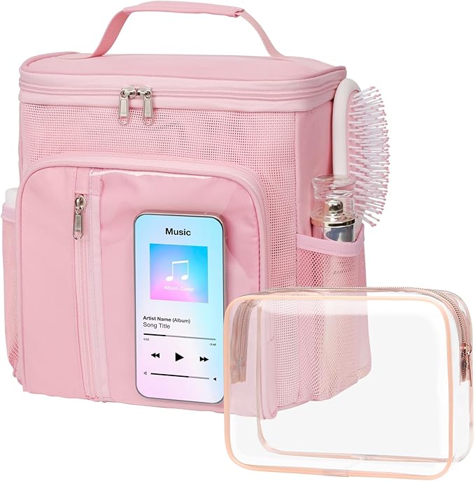 F-color Hanging Shower Caddy Portable with Clear Makeup Bag - College Dorm Essentials for Guys with Hooks Pink, TSA Approved Toiletry Bag for Travel Size, Rose Pink