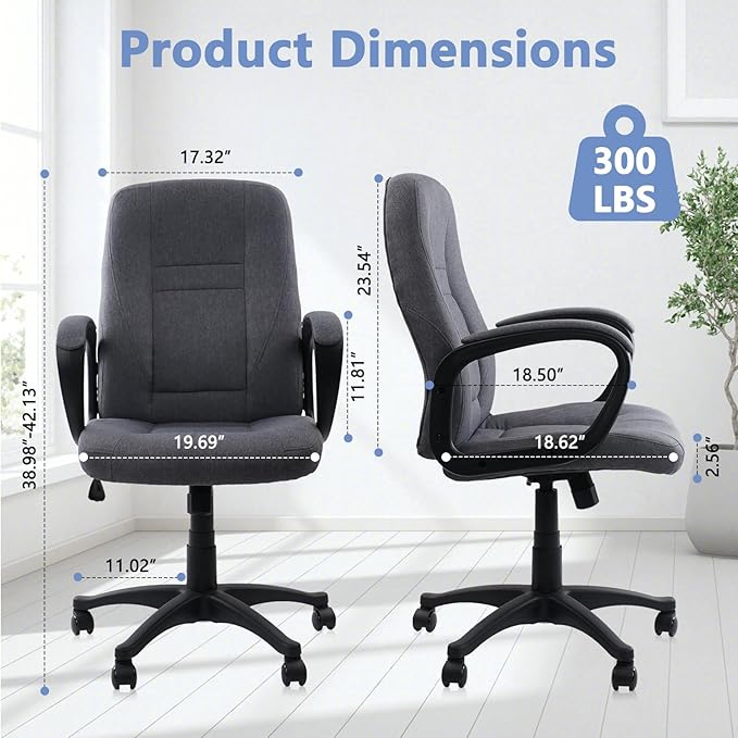 CLATINA Grey Fabric Office Chair Breathable Executive Desk Chairs, Cloth Comfortable Adjustable Height Mid Back Swivel Rolling Computer Task Chair for Home Office, Conference, Study, Work, 2 Pack