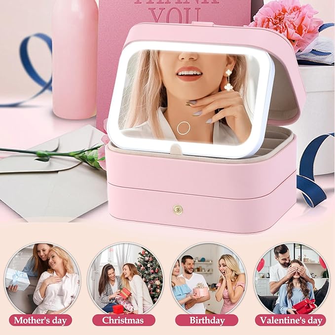 Travel Jewelry Case with LED Lighted Mirror, Personalized Birthday Gifts for Women Girls Kids, 2-Layer Portable Travel Jewelry Organizer, Travel Essentials (Pink)