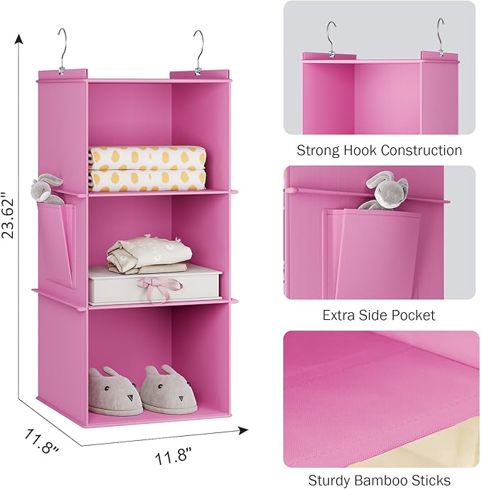 Hanging Closet Organizer, 3-Shelf Closet Hanging Storage Shelves, Light Pink