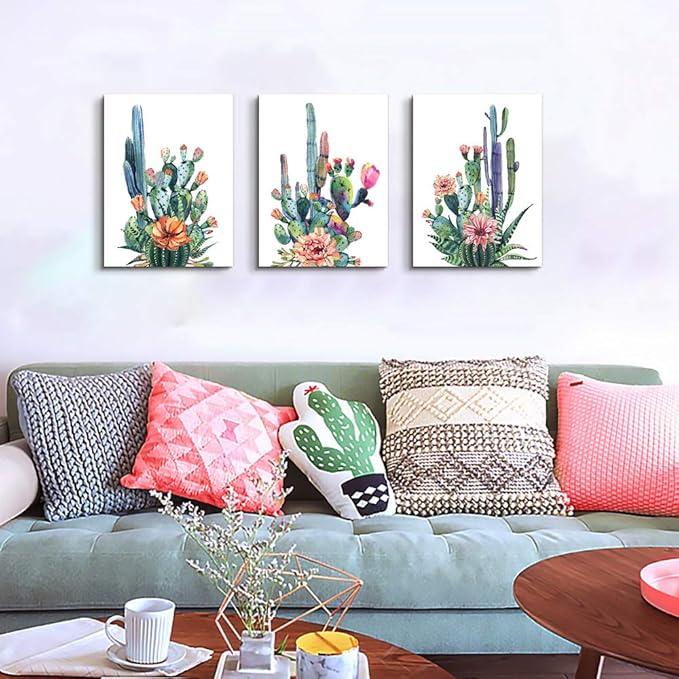 Wall Art for living room Canvas Prints Artwork bathroom Wall Decor Simple Life Green plants cactus Picture Watercolor painting 3 Pieces Framed bedroom wall decorations Office Works Home Decoration