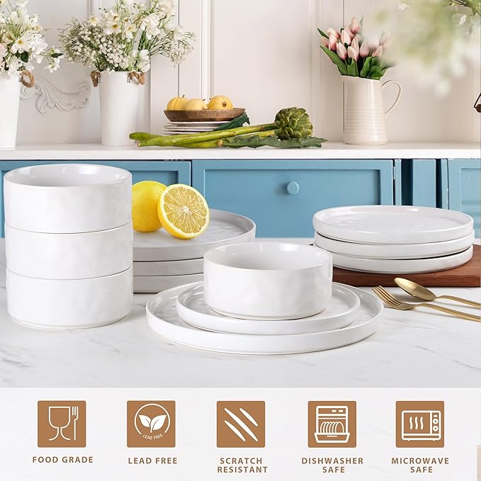 LIANYU Dinnerware Dinner Sets for 6, 18 Piece Ceramic Plates and Bowls Dish Set, Kitchen Speckled Dining Tableware Dishware, Microwave & Dishwasher Safe, Polar White