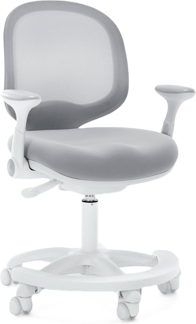 Kids Desk Chair, Boy's Girl's Child Children Study Office Computer Chair, Ergonomic Design, Adjustable Height and Seat Depth (Grey) (Grey W/Armrests and Footrest)