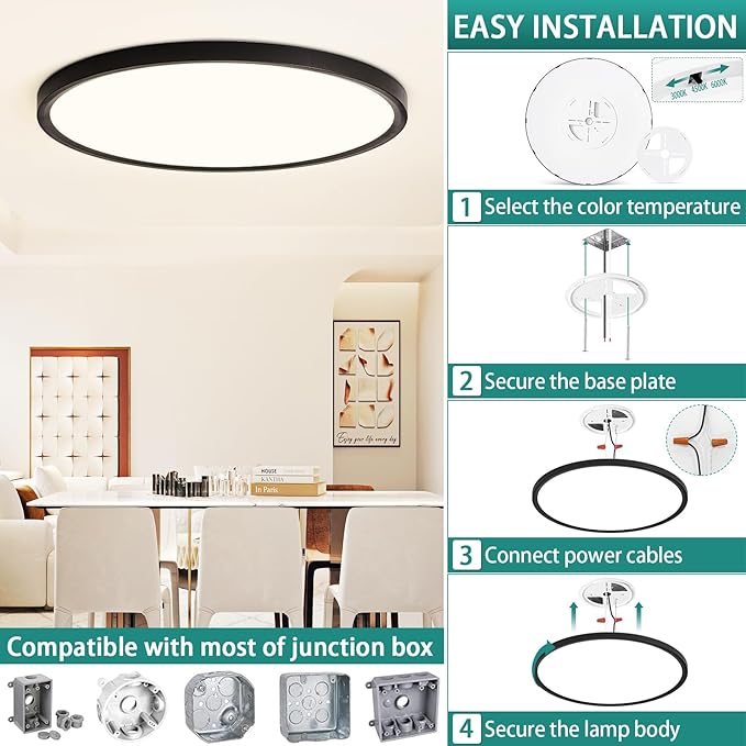 24 Inch Dimmable LED Ceiling Light Fixture, Ultra Thin Flush Mount, 48W 4800Lumen, 3 Color Changeable, Round, Black, for Dining Room, Living Room, Bedroom, Office, Hotel