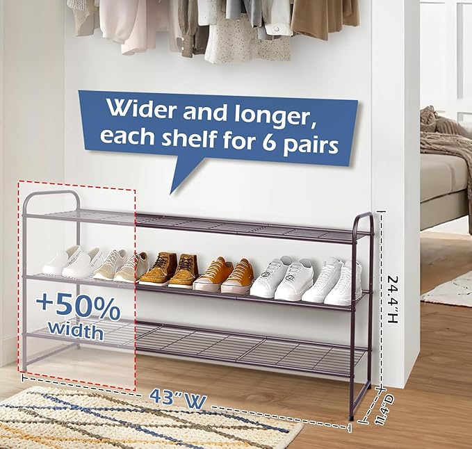 KEETDY Long 3 Tier Shoe Rack for Closet Wide Shoe Storage Organizer Stackable Metal Shoe Shelf for 24 Pairs Men Sneakers with Wire Grid for Closet Floor, Bedroom, Entryway, Bronze