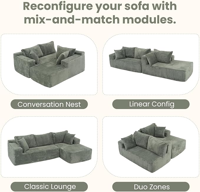 OC Orange-Casual 106.3" Cloud Sectional Couch with L-Shape Chaise,No Assembly Required Modular Sofa,Upholstered Boneless Couches for Living Room, Plush Corduroy Fabric (Green, Right Facing Chaise)