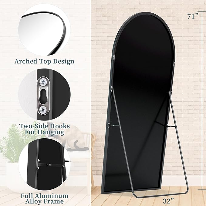 Full Length Mirror with Stand, 71"x32" Arched Full Body Mirror, Large Stand Up Mirrors, Aluminum Frame Floor Standing Mirrors, Freestanding Hanging Leaning Mounted for Bedroom Living Room, Black