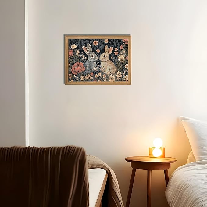 AKWISH Framed 3D Textured Vintage Wall Art - Dark Academia Easter Bunny Decor Hand Drawn Sandstone Paintings with Botanical Florals, Aesthetic Wall Decor for Living Room Bedroom Home 12x16 inch