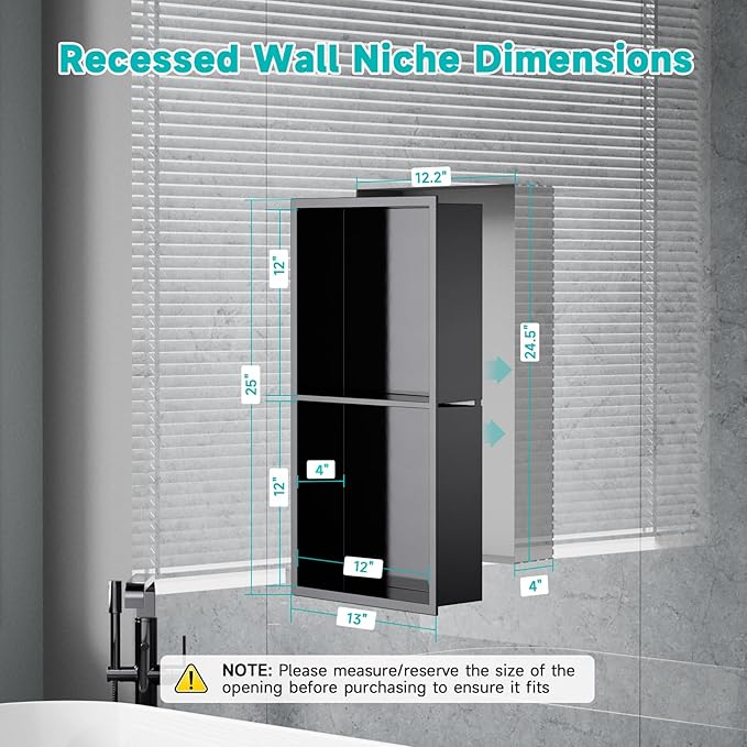 12" X 24" Stainless Steel Shower Niche with Partition, Black Double Shelves Recessed Shower Niche No Tile Needed for Bathroom/Bedroom Storage Over Mount Installation