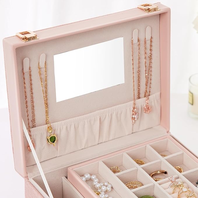 Portable Jewelry Box Organizer for Women Girls with PU Leather, Earring Organizer Box with Makeup Mirror for Christmas and New Year Gifts(Pink)
