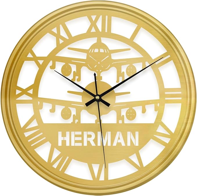 Personalized Name Round Wall Clock, Custom Airplane Hanging Clock with 7 Color Changing, Iron Art Clock, Hanging Decor for Bedroom, Living Room, Home, Office, Housewarming