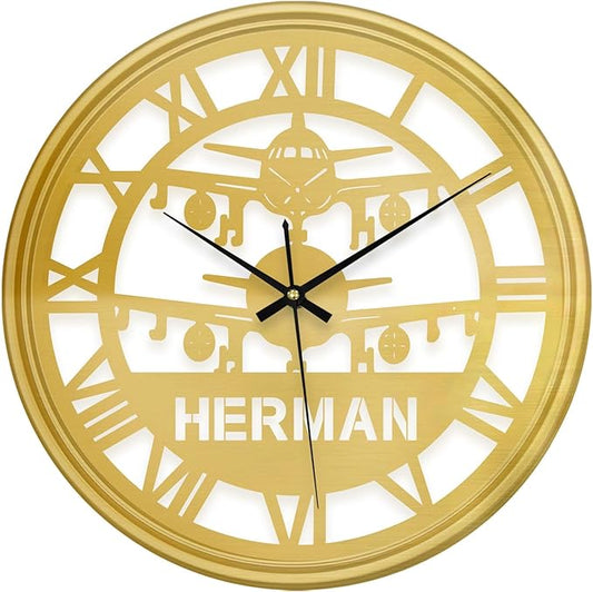 Personalized Name Round Wall Clock, Custom Airplane Hanging Clock with 7 Color Changing, Iron Art Clock, Hanging Decor for Bedroom, Living Room, Home, Office, Housewarming