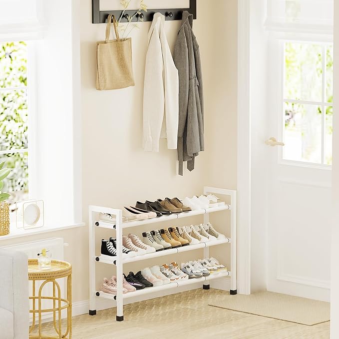 Mavivegue 3-Tier 19"-43.3" Adjustable Shoe Rack for Closet,Expandable Shoe Rack, Hall Entryway,Front Door,Garage, Sturdy Steel Space-Saving Rack, White