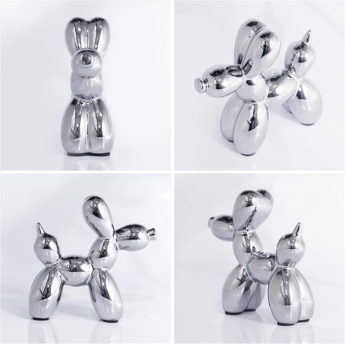 Creative Balloon Dog Statues Small Ceramic Animal Sculpture Modern Home Decor Living Room Desktop Decorations Bedroom Office Cabinet Ornament (Silver)