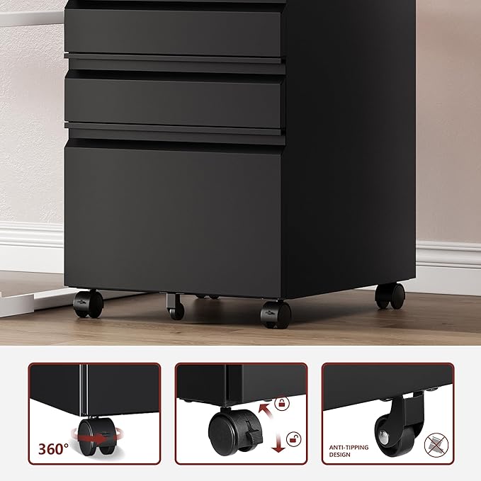 3 Drawer File Cabinet，Mobile Filing Cabinet with Lock and Wheels，Un-Assembled Metal Under Desk File Cabinets for A4/Letter/Legal Size（Black