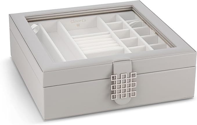 Co 28 Section Jewelry Box - 2 Layer - Buckle Snap & Magnet Closure - Large Glass Top - Leather Design - Grey - Jewelry Organizer for Women & Girls - for Earring Ring Necklace & Bracelet