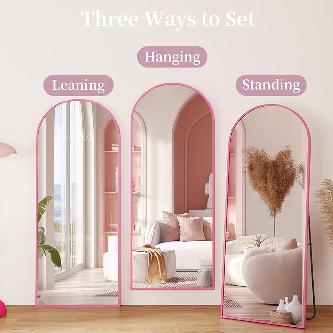 Full Length Mirror with Stand, 58"x18" Arched Full Body Mirror, Large Stand Up Aluminum Frame Floor Freestanding Hanging Leaning Mounted for Bedroom Living Room Entryway Pink