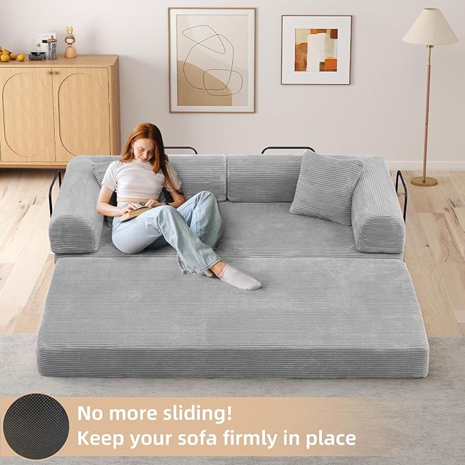 Rovibek 4-in-1 Convertible Sleeper Sofa Bed Queen Size, Foldable Floor Couch Corduroy, Folding Futon Sofa Beds with Pillow and Fixed-Shape Frame, Suitable for Living Room, Bedroom, Lounge, Light Grey