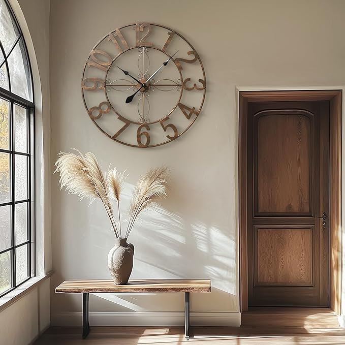 Large Retro Rustic Bronze 36 Inch Silent Non-Ticking Battery Operated Metal Round Arabic Numerals Analog Wall Clock for Living Room, Kitchen, Office, Bedroom, Dining Room