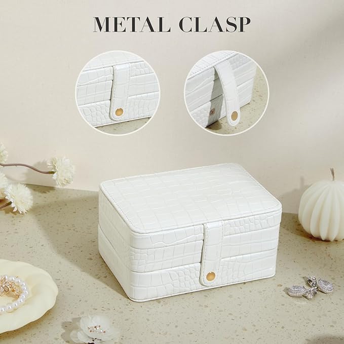 PU Leather Small Jewelry Box for Women Girls, Double Layers Travel Portable Jewelry Case for Ring, Pendant, Earring, Necklace, Bracelet Organizer Storage Holder Boxes, White