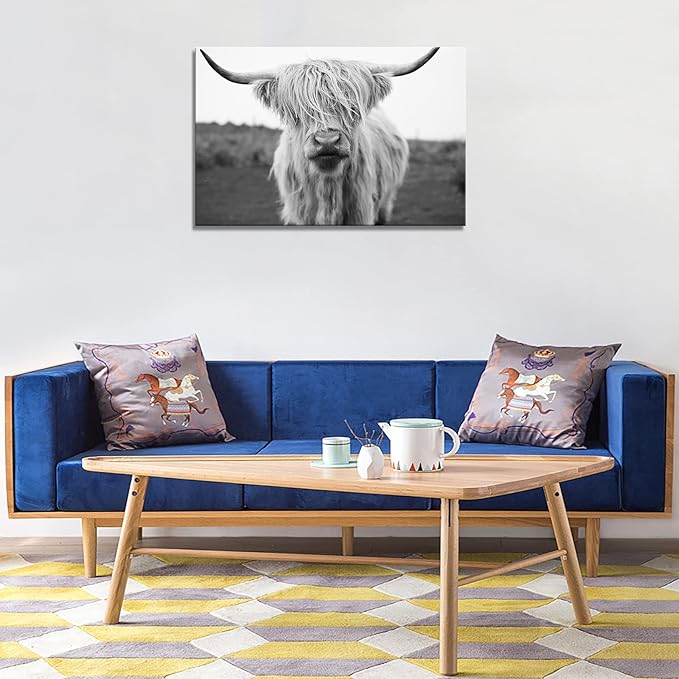 XXMWallArt FC3669 Highland Cow Canvas Art - Black and White Animal Wall Art for Living Room, Bedroom, Office Decor