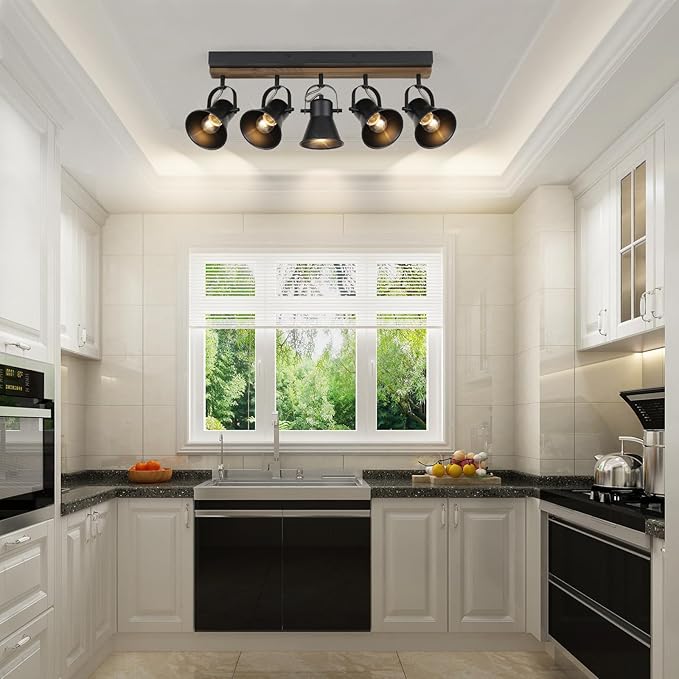 SEEBLEN 5-Light Track Light Fixtures, Adjustable Ceiling/Wall Mount Spotlight, Industrial Black Kitchen Track Lighting for Living Room, Dining Room, Hallway, Bathroom