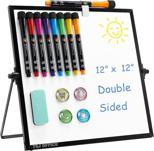 Small Magnetic Dry Erase Whiteboard – Mini Desktop Portable Easel Dry Erase White Board for Students Double Side to Do List Dry Erase Board with Stand for Office, School, Home 12 x 12 inches