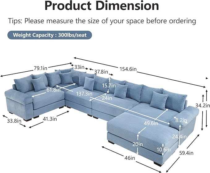 KEIKI 146" U-Shaped Oversized Corduroy Modular Cloud Sectional Sofa with 1 Ottoman, High-Density Foam Cushion, Extra-Thick Armrest, 5-Seater Fluffy Corner Couch with 18 Pillow, for Living Room, Blue