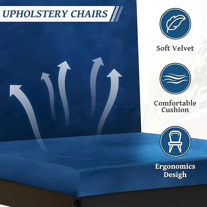 Dining Table Set for 4, 47.2" Faux Marble Kitchen Table Set with 4 Upholstered Velvet Chairs, Dinette Table Set for Dining Room, Kitchen, Breakfast Corner (Blue)