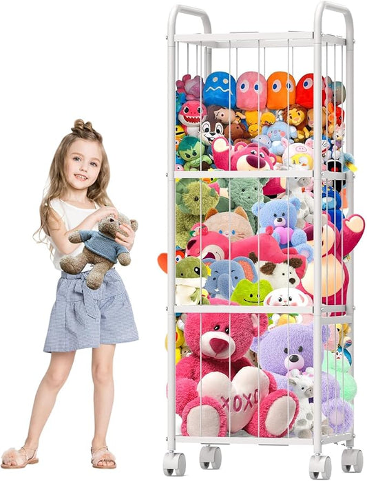 Stuffed Animal Storage Metal Tube Extra Large Toy Storage Organizer with Brake Wheels, Stuffed Animal Holder Zoo Organizer for Nursery Playroom Kids Room White(53.5” x 18.1”x 13”)