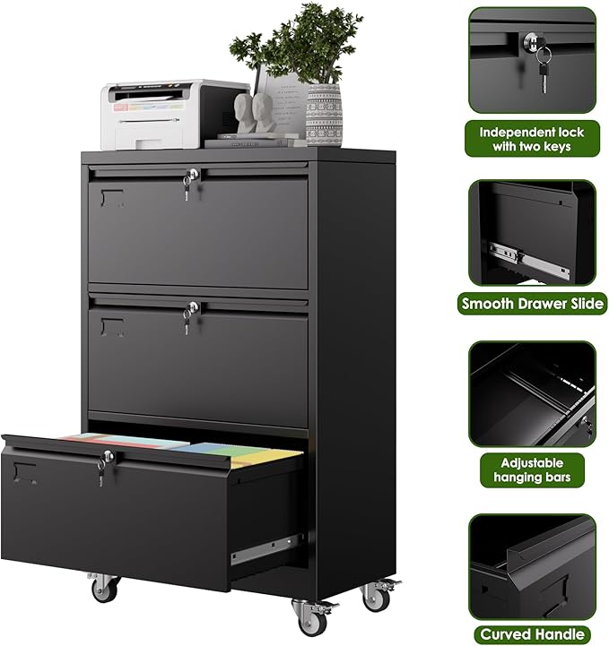 Aobabo 3 Drawer Wide File Cabinet with Wheels, Lockable Metal Filing Cabinet for Home Office, Legal/Letter Size,Black,Required Assembled,15.87" D x 28.94" W x40.48 H