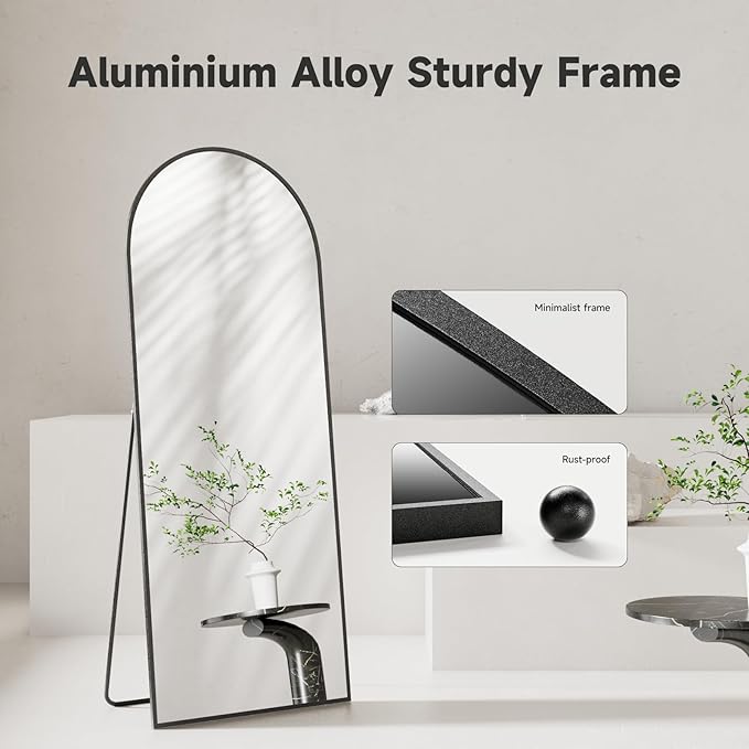 Arched Full Length Mirror 64"x21", Black Tempered Glass Wall Hanging Mounted Body Length Mirrors with Stand, Large Floor Aluminum Alloy Thin Frame