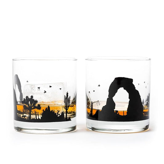 Desert Landscape Whiskey Glasses - Hand-Printed Rock Glass Set - Dishwasher Safe Tumbler Glass Set by Black Lantern - Set of 2 11oz. Glasses