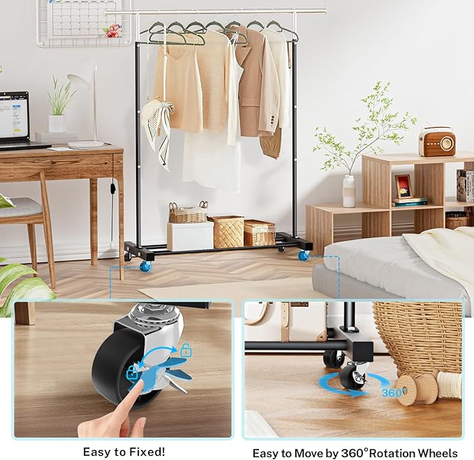 Clothing Rack, 55.51 Inch Heavy Duty Clothes Rack Rolling Garment Rack with Wheels and Bottom Shelf, 130LB Capacity Clothes Racks for Hanging Clothes, Coats, Shirts, Sweaters, Skirts, Black