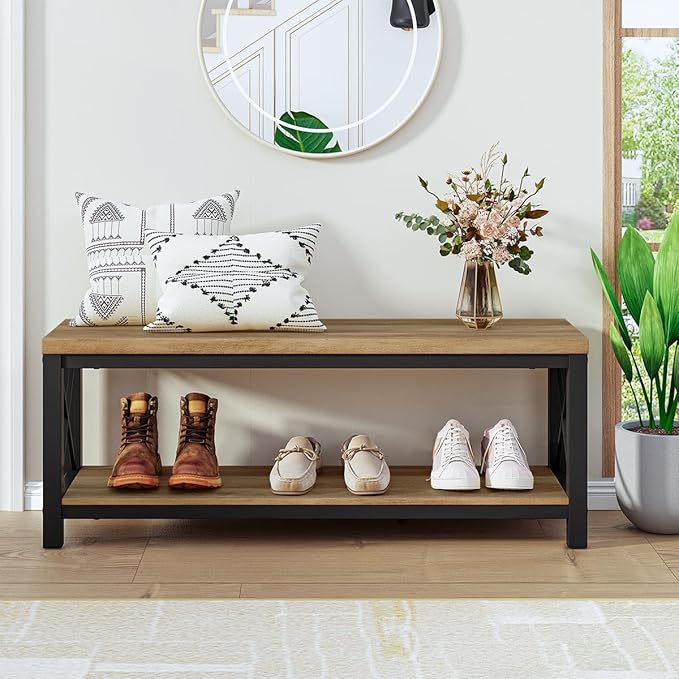 BON AUGURE Entryway Bench, Farmhouse Shoe Benches, Wooden Metal Entry Storage Bench with Shelf for Mudroom, Bedroom, Hall (47 inch Wide, Vintage Oak)