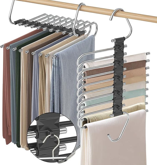 Upgrade 9 Layers Pants Hangers Space Saving, 2 Pack Non Slip Stainless Steel Multifunctional Pants Rack Closet Pant Hanger Organizer with Hooks for Pants Jeans Trousers Dorm Room Essentials, Black