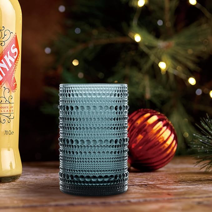 Hobnail Drinking Glasses Set of 6, Vintage Colored Glassware 14.5oz, Tall Beverage Glass Cups for Water, Juice, Cocktail (Blue)