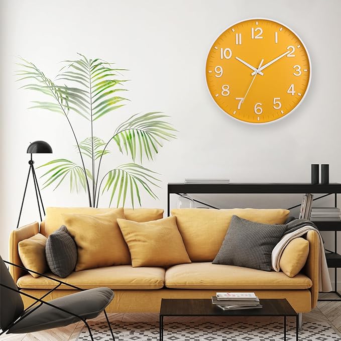 HZDHCLH Yellow Wall Clocks Battery Operated,12 inch Silent Non Ticking Modern Wall Clock for Living Room Bedroom Kitchen Office Classroom Decor