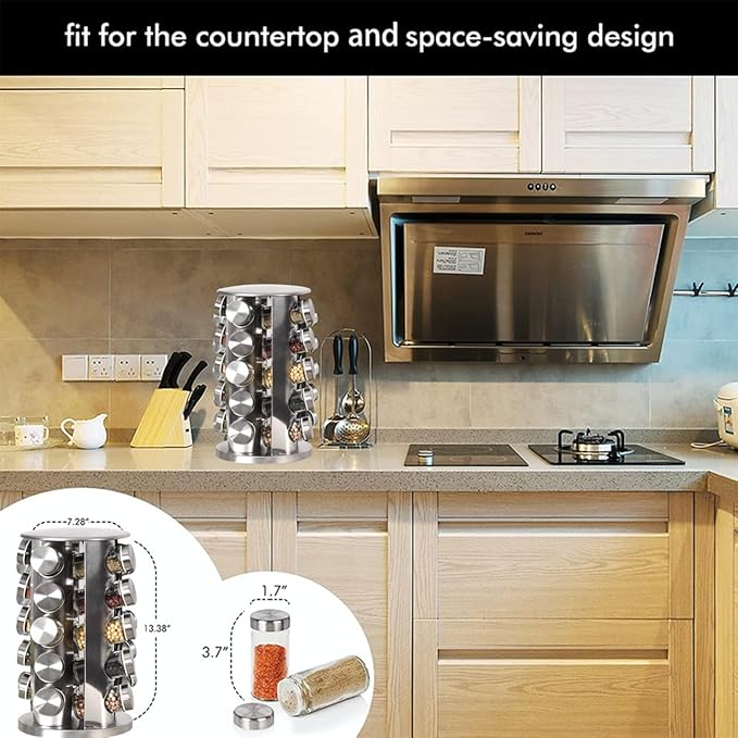 EBIZ&TECH 20-Jar Stainless Steel Rotating Spice Rack with Non-Slip Base - Kitchen Countertop Organizer for Easy Access and Storage of Spice (Sliver)